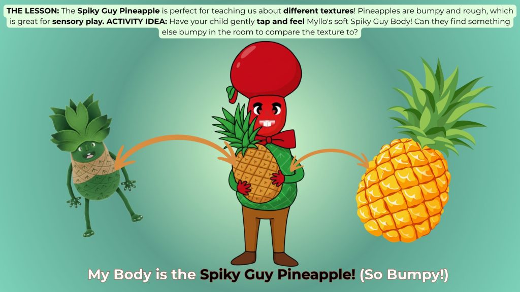 Myllo's body is a pineapple (Spiky Guy Pineapple). This slide introduces the concept of bumpy texture and sensory comparison.