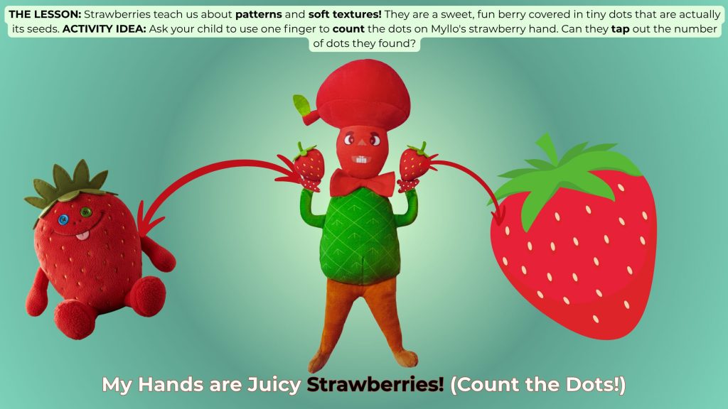Myllo's hands are strawberries with tiny dots (seeds). This slide introduces patterns and early counting skills.