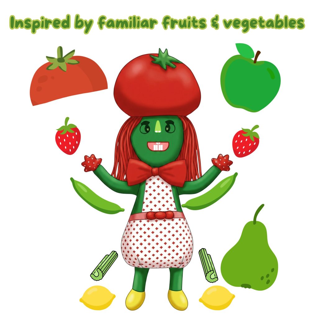 Illustrated Meluna's version surrounded by fruits and vggies that she is made of