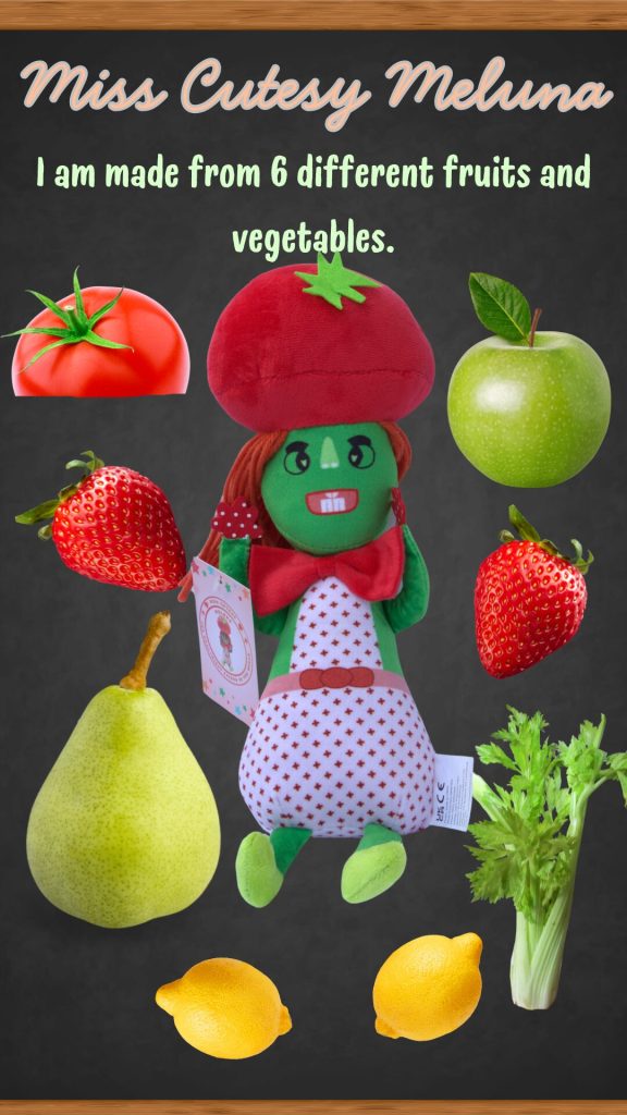 Promotional image of Miss Cutesy Meluna, a plush toy character with a body inspired by six different fruits and vegetables: her head is a tomato, with other parts made from a green apple, strawberries, a pear, lemons, and celery, displayed against a dark background.