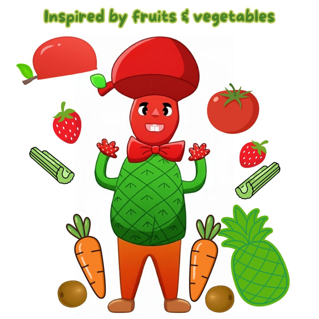 Myllo illustrated image showing what he is made of, multiple veggies and fruits