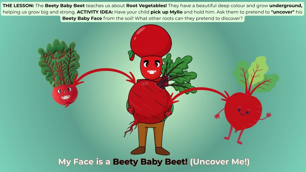 Myllo's face is a red beetroot (Beety Baby Beet). This slide teaches kids about root vegetables and where food grows underground.