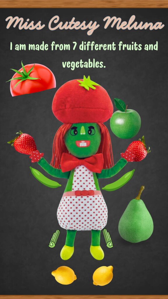 Promotional image of Miss Cutesy Meluna, a plush toy character with a body inspired by six different fruits and vegetables: her head is a tomato, with other parts made from a green apple, strawberries, a pear, lemons, and celery, displayed against a dark background.